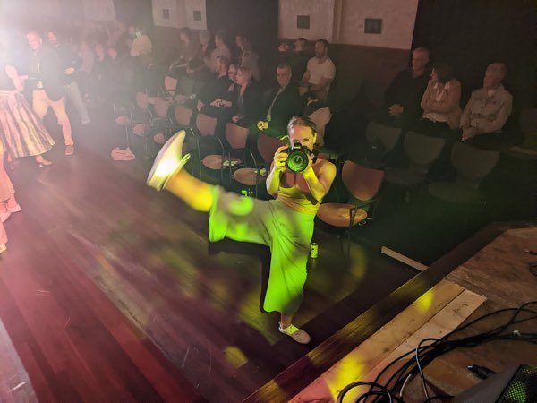 Getting photo taken as audience takes to dance floor The Rivoli