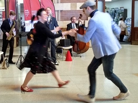 Swing dancing to the Greg Poppleton band. you can just see Grahame Conlon's guitar. Greg Poppleton singing, Dave Clayton double bass, Damon Poppleton alto sax